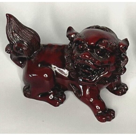Vintage Foo Dog Pair Red Resin Asian Guardian Lion Figurines 4 in long each - Picture 12 of 16